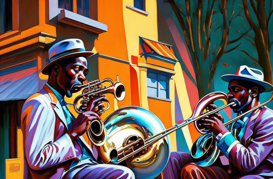 Brass musicians playing trumpet and trombone on vibrant street