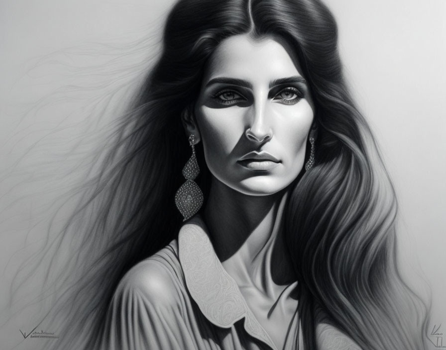 Black and white portrait of woman with flowing hair and striking eyes wearing large earrings and textured blouse.