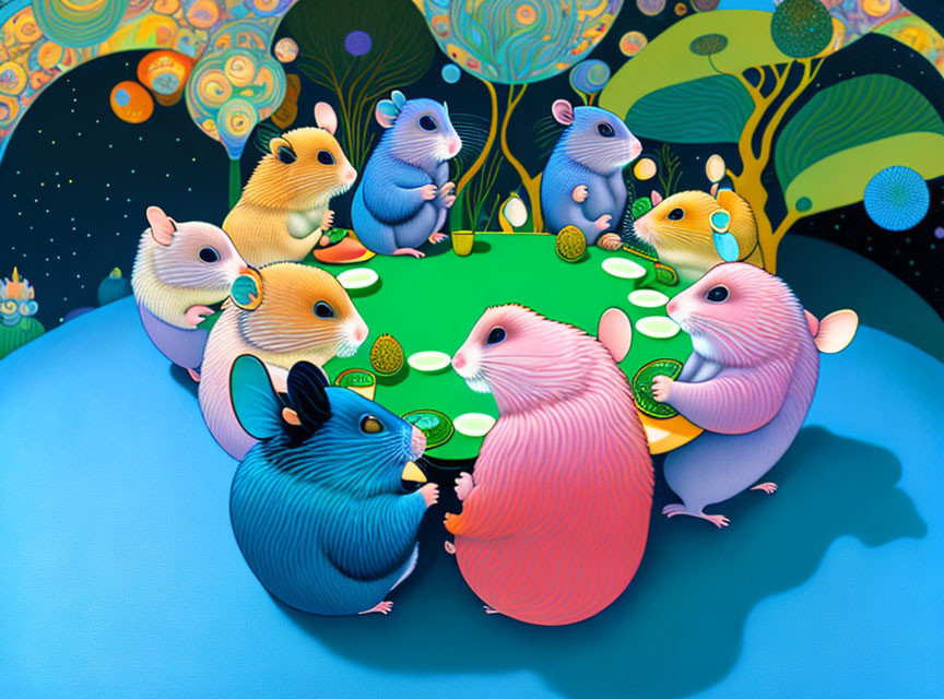 Anthropomorphic hamsters drinking tea in whimsical night-time scene