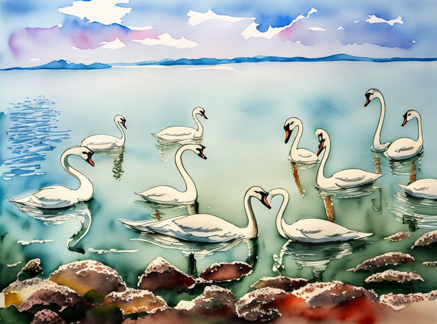 Tranquil watercolor painting: Swans on blue lake