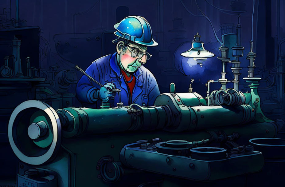 Blue hard hat worker operates industrial lathe in dimly lit workshop