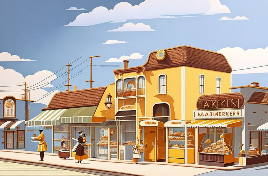 Vibrant street scene with bakery, buildings, and stylized characters.