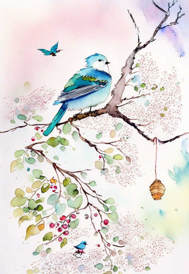 Vibrant blue bird on blooming branch with pink flowers and beehive