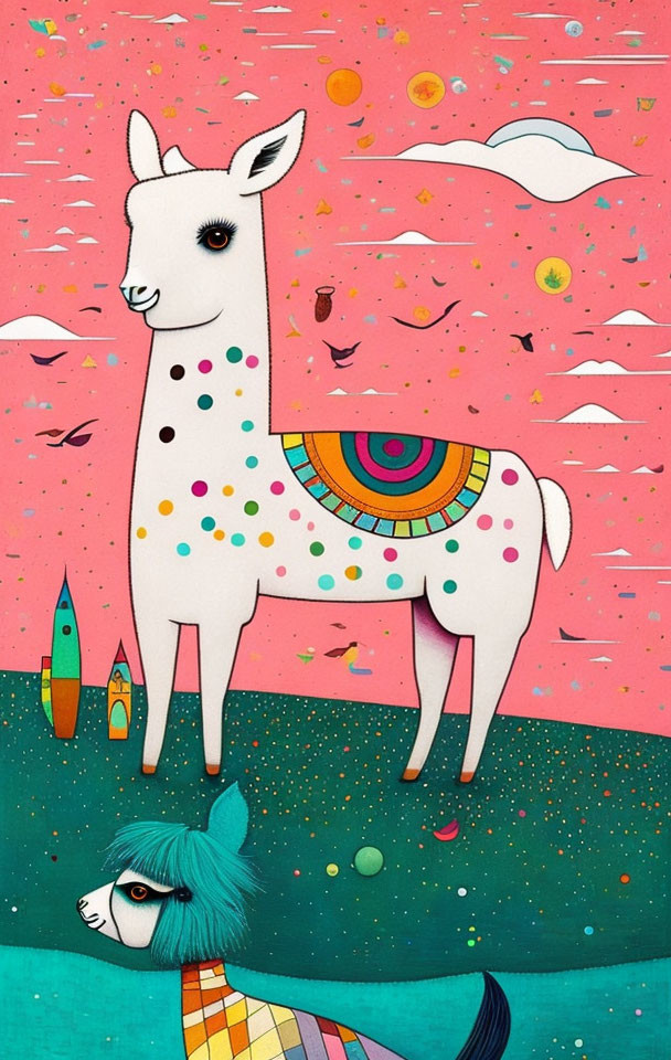 Vibrant illustration of white llama with polka dots beside turquoise-maned llama on colorful background