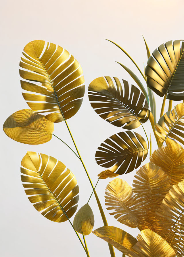 Tropical golden leaves on gradient background with shadows