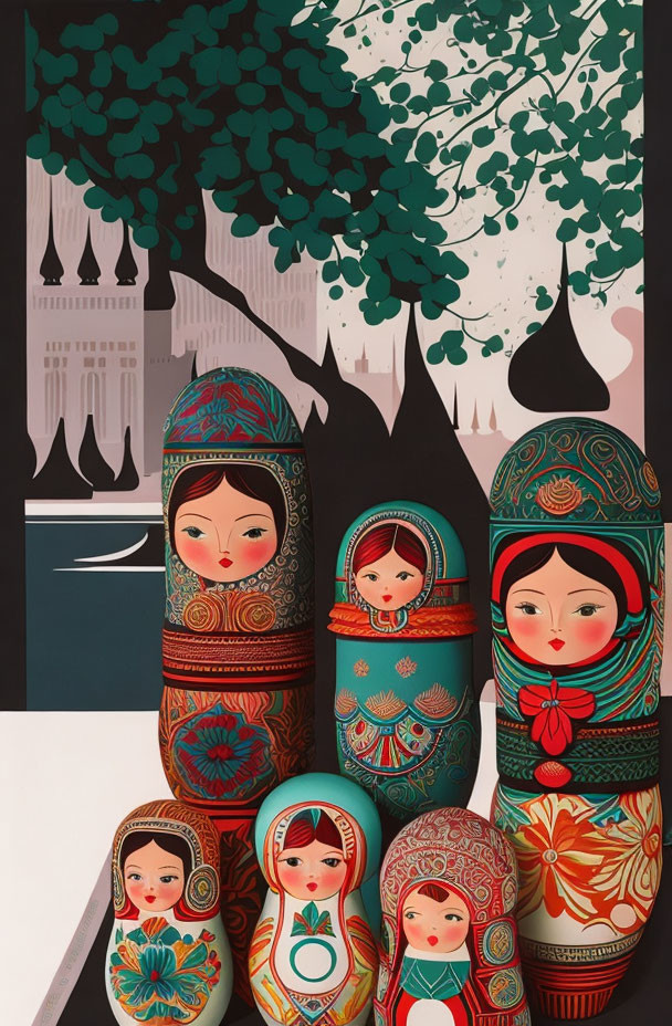 Colorful Matryoshka dolls with Russian patterns on stylized backdrop