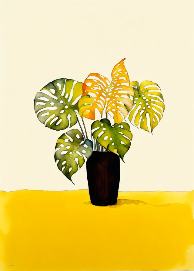 Colorful Watercolor Painting of Potted Monstera Plant