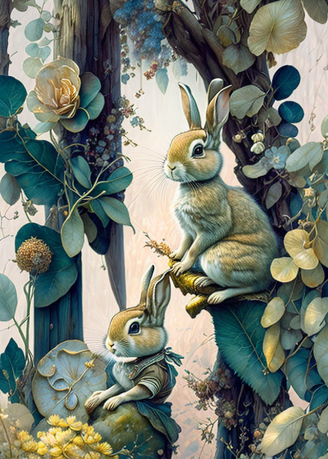 Surreal fairytale image: two rabbits in flora