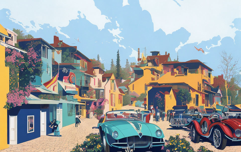 Colorful street scene with vintage cars and people walking in sunny weather