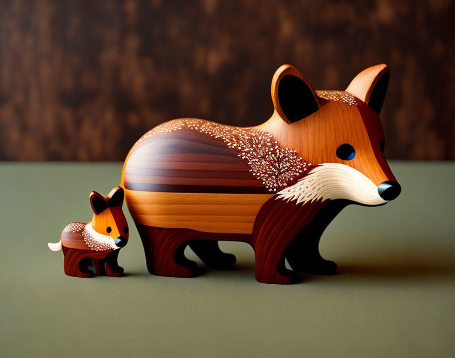 Stylized wooden fox figurines on dual-tone background