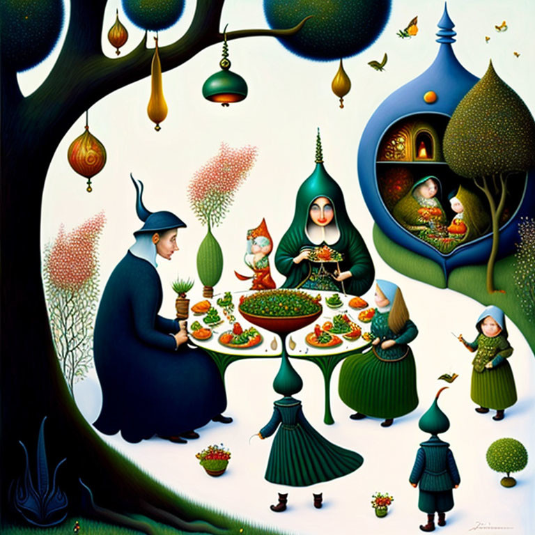 Surreal painting of robed figures in whimsical garden