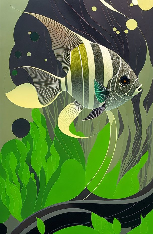 Stylized tropical fish swimming among aquatic plants and bubbles