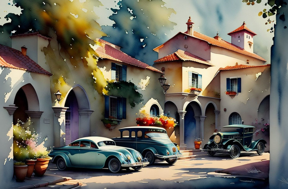 Colorful illustration of sunny street with vintage cars & quaint houses