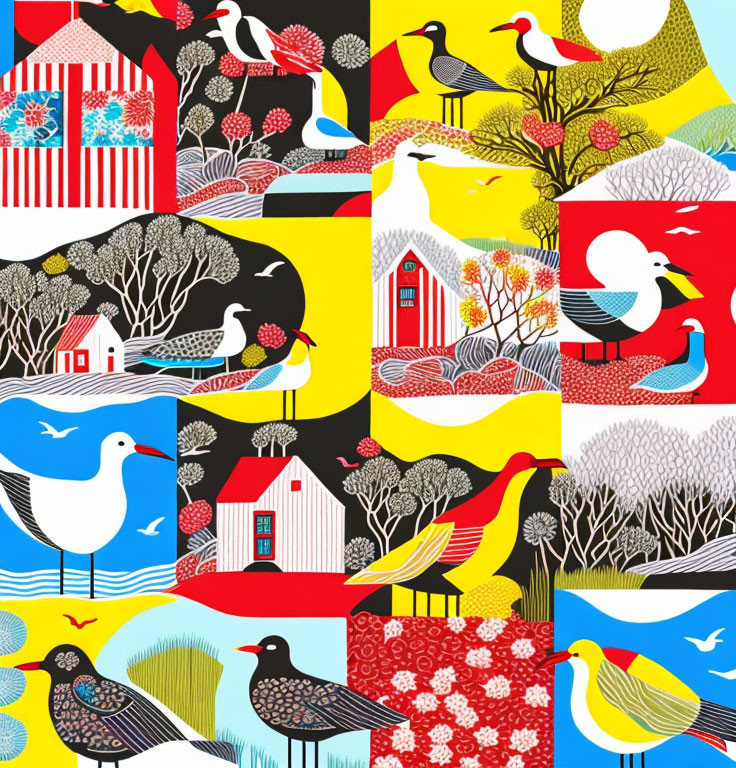 Colorful Bird, Tree, House & Floral Patchwork Illustration