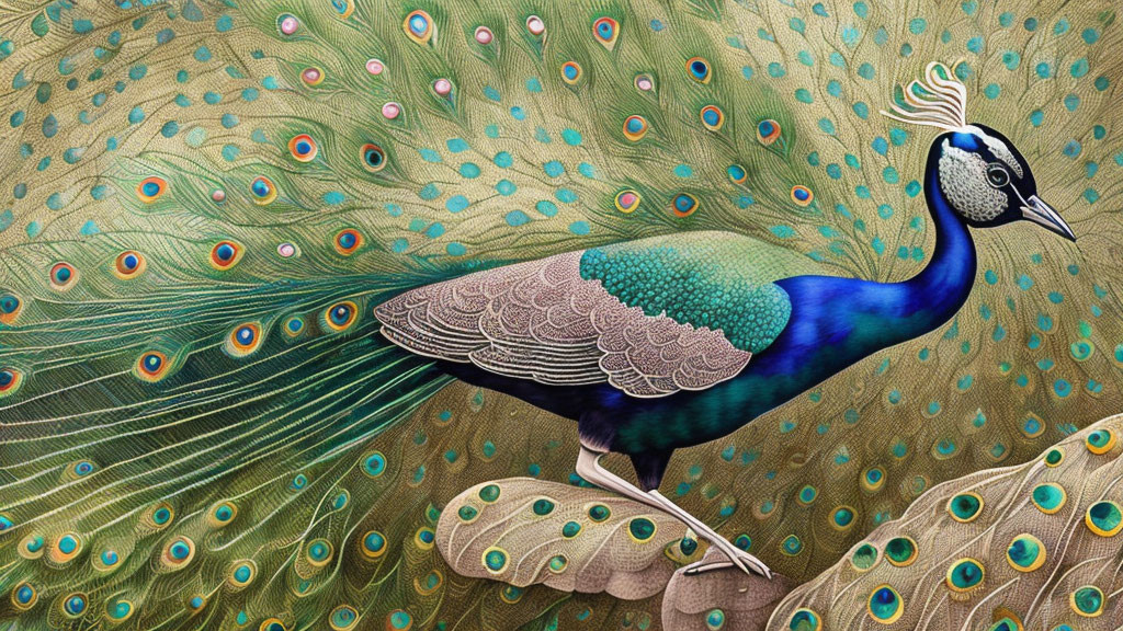 Colorful Peacock with Blue and Green Plumage and Eye-Like Patterns