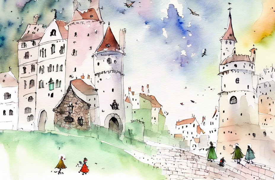 Fairytale castle watercolor with village and figures