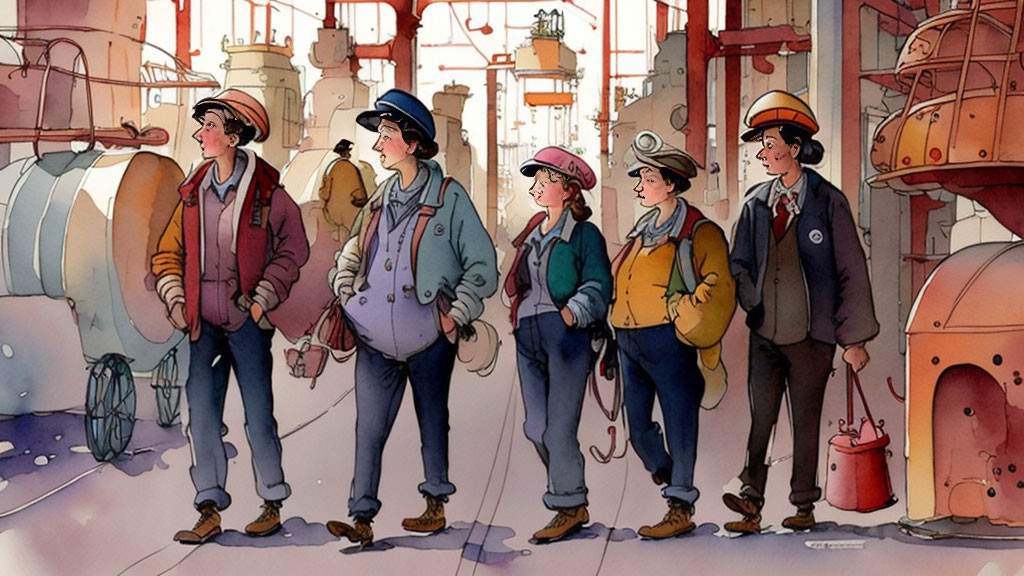 Five animated characters in hard hats and work clothes in factory setting, watercolor style