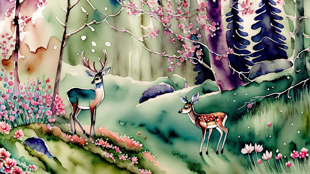 Whimsical watercolor illustration of two deer in pink blossoming forest