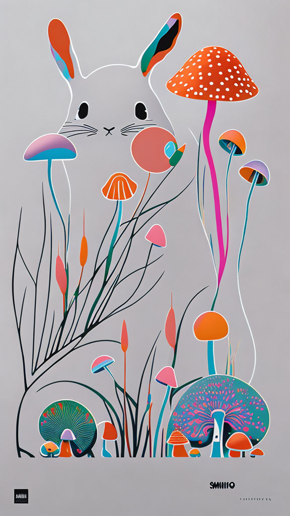 White Rabbit Surrounded by Colorful Mushrooms and Flora