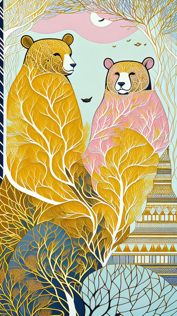 Stylized bears with patterned fur in golden foliage and Asian pagoda.