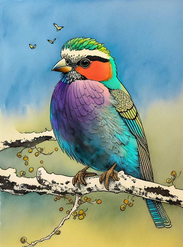 Vibrant bird illustration with blue, green, and orange feathers on branch