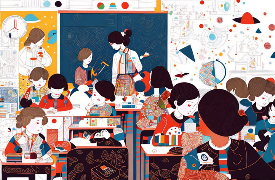 Vibrant classroom scene with diverse students and teacher in various educational activities