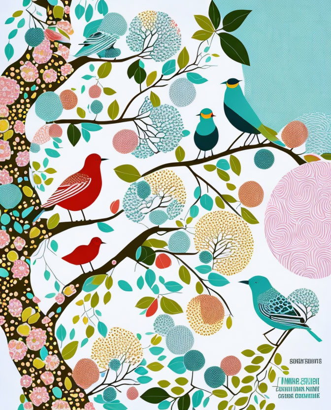 Vibrant bird and floral illustration on light background