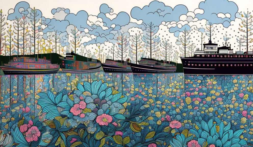 Colorful boats on floral sea with whimsical trees & clouds