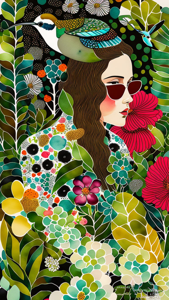 Illustration of woman with long hair, sunglasses, bird, colorful foliage & flowers