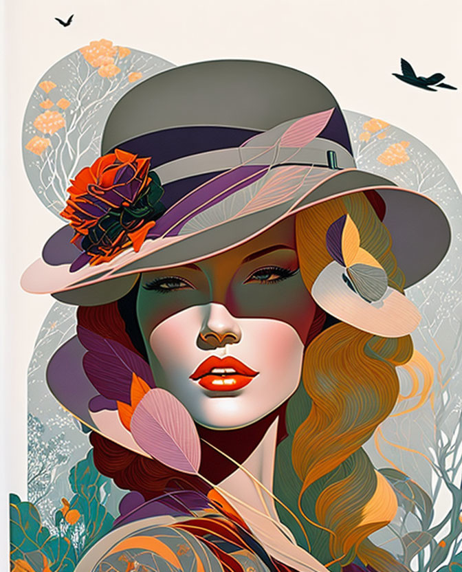 Stylized woman with flowing hair in wide-brimmed hat, surrounded by nature.