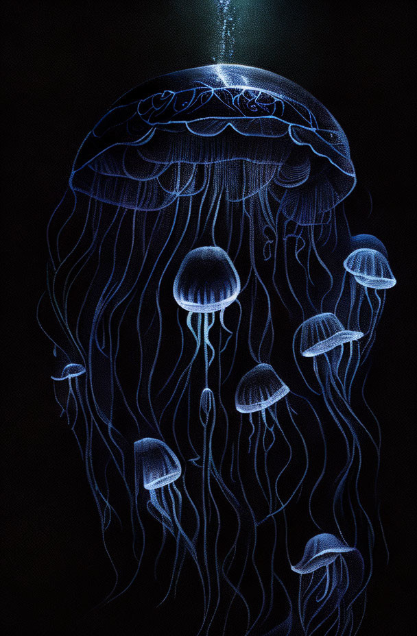 Glowing blue jellyfish in dark underwater scene