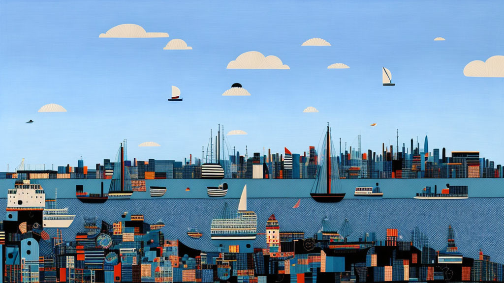 Colorful port city artwork with ships and blue sky