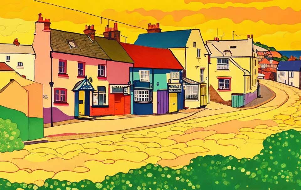 Colorful Cartoon Street Scene with Quaint Houses & Shops