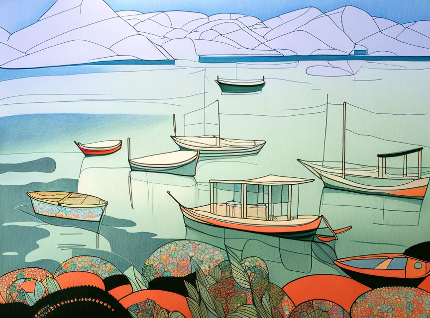 Vibrant illustration of boats over coral reefs and mountains