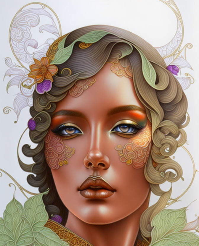 Intricate golden tattoos on woman with floral adornments in ethereal illustration