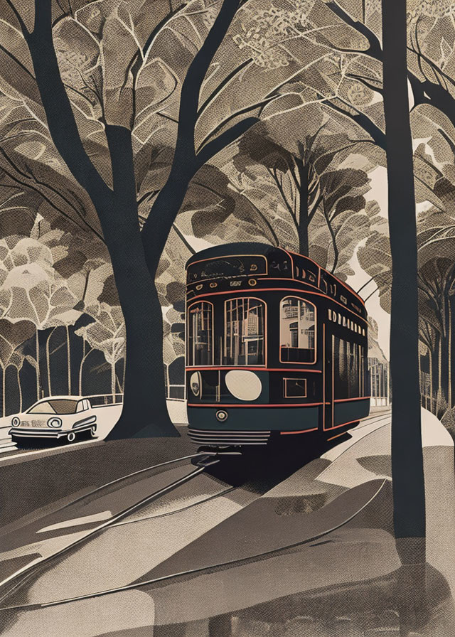 Vintage-style illustration of tram on tree-lined tracks with retro car, mid-20th century design