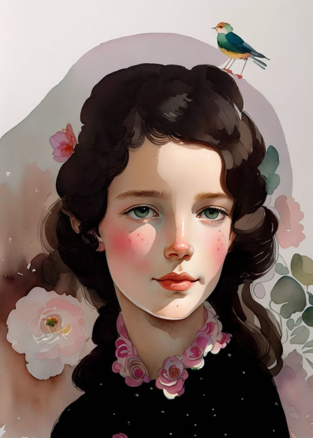 Digital portrait of young girl with curly dark hair and floral accents