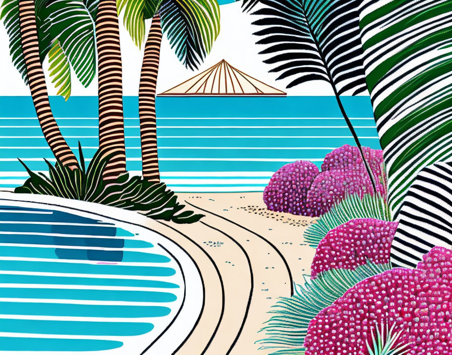 Colorful beach scene with stylized waves, pink foliage, palm trees, and distant sailboat against