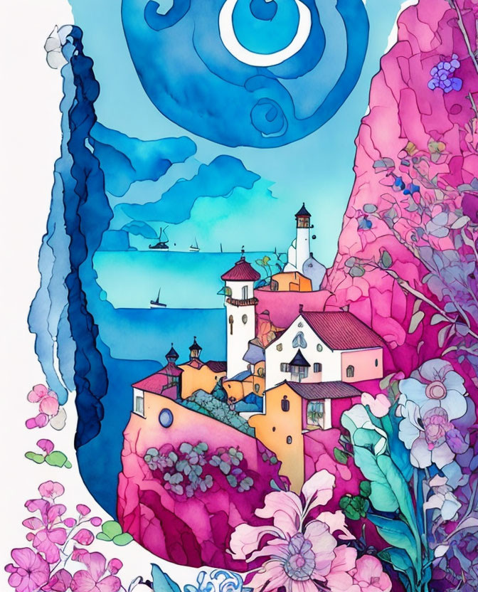 Whimsical coastal village watercolor with lighthouses and sailboats