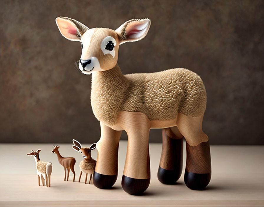 Stylized digital artwork of large fawn with wooden deer figurines