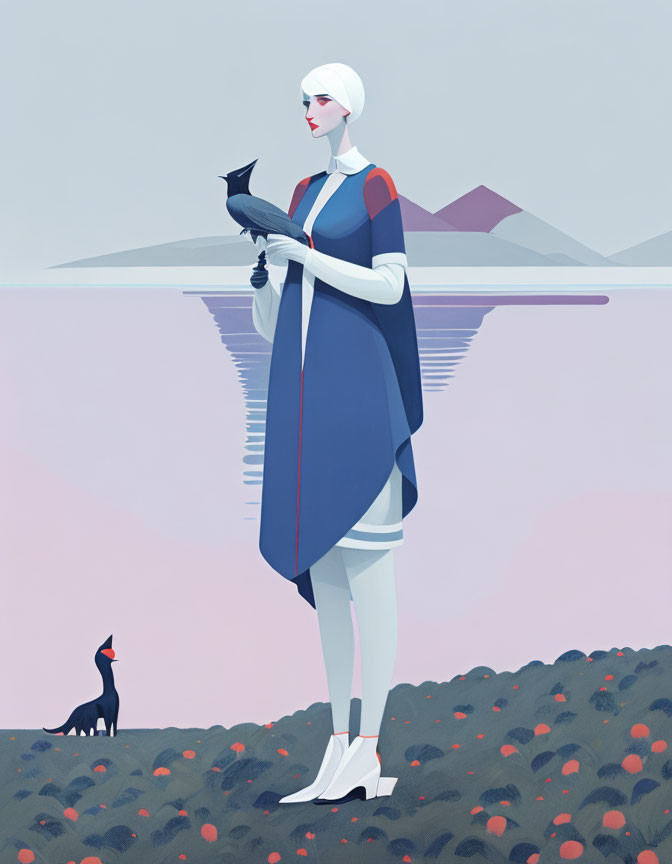 Illustration of woman with white hair holding black cat in surreal landscape