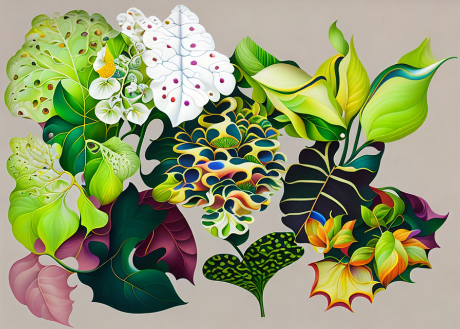 Colorful botanical illustration with intricate patterns and stylized leaves.