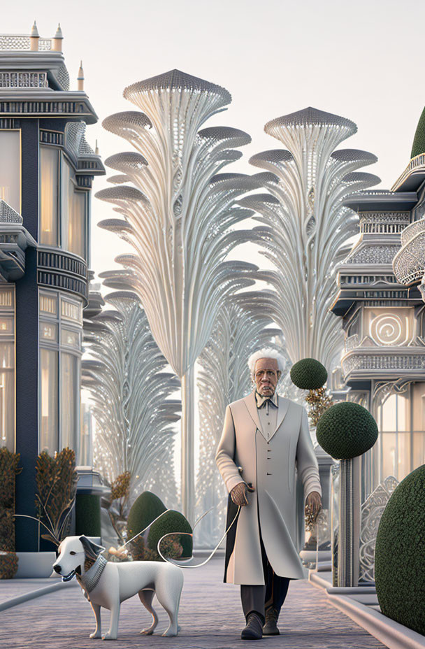 Elderly man walking dog in coat near futuristic trees and ornate buildings