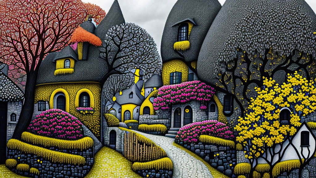 Whimsical village with round houses and colorful trees on cobblestone paths