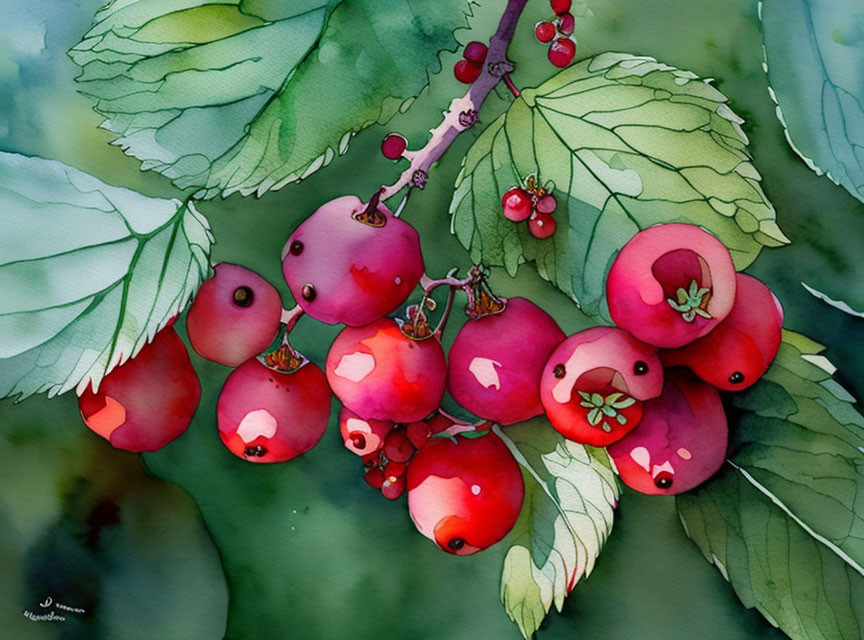 Ripe red currants watercolor painting with green leaves and soft blurred background