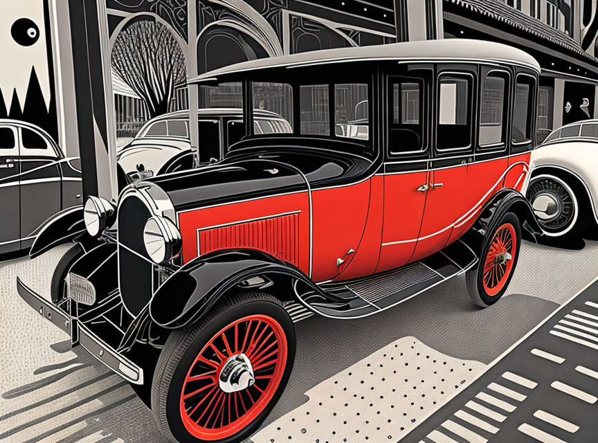 Vintage cars illustration in black and white with red and black vehicle, set against Art Deco architecture.