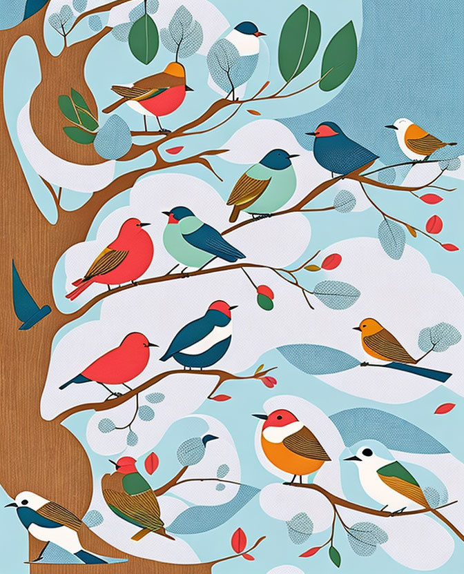 Colorful Stylized Birds Perched on Branches Against Blue Background