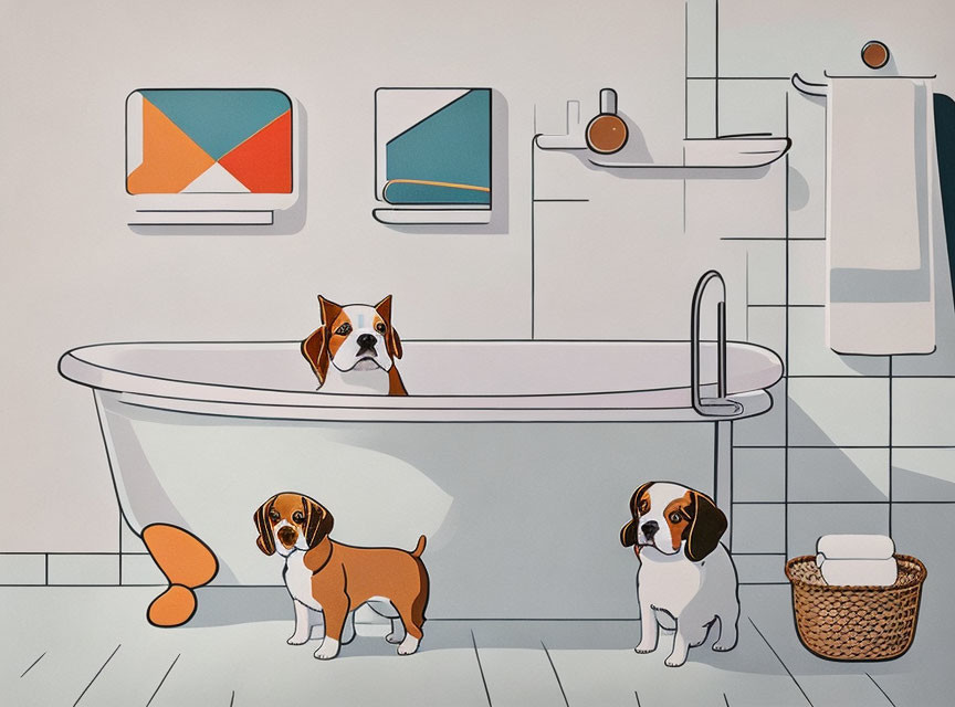 Illustration of white bathtub with dog and puppies on tiled floor