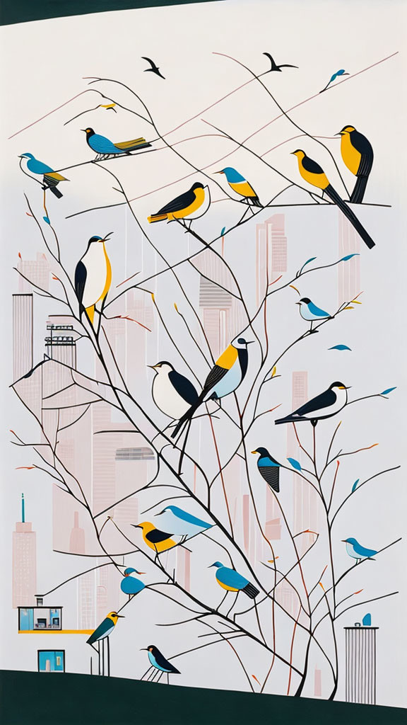 Colorful Birds Perched on Branches with Cityscape and Flying Silhouettes