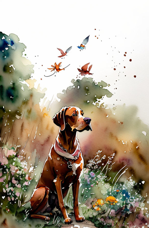 Seated brown and white dog surrounded by butterflies and wildflowers